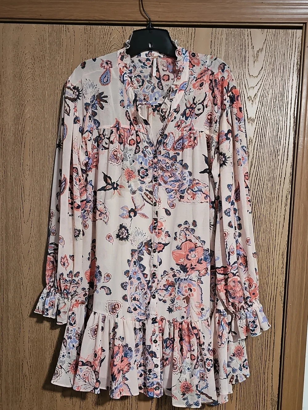 WEEKEND SALE...Free People Floral Ruffle Hem Long Sleeve Dress - Pink